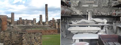 Ruins at Pompeii & a human buried by Mt. Vesuvius in 79AD